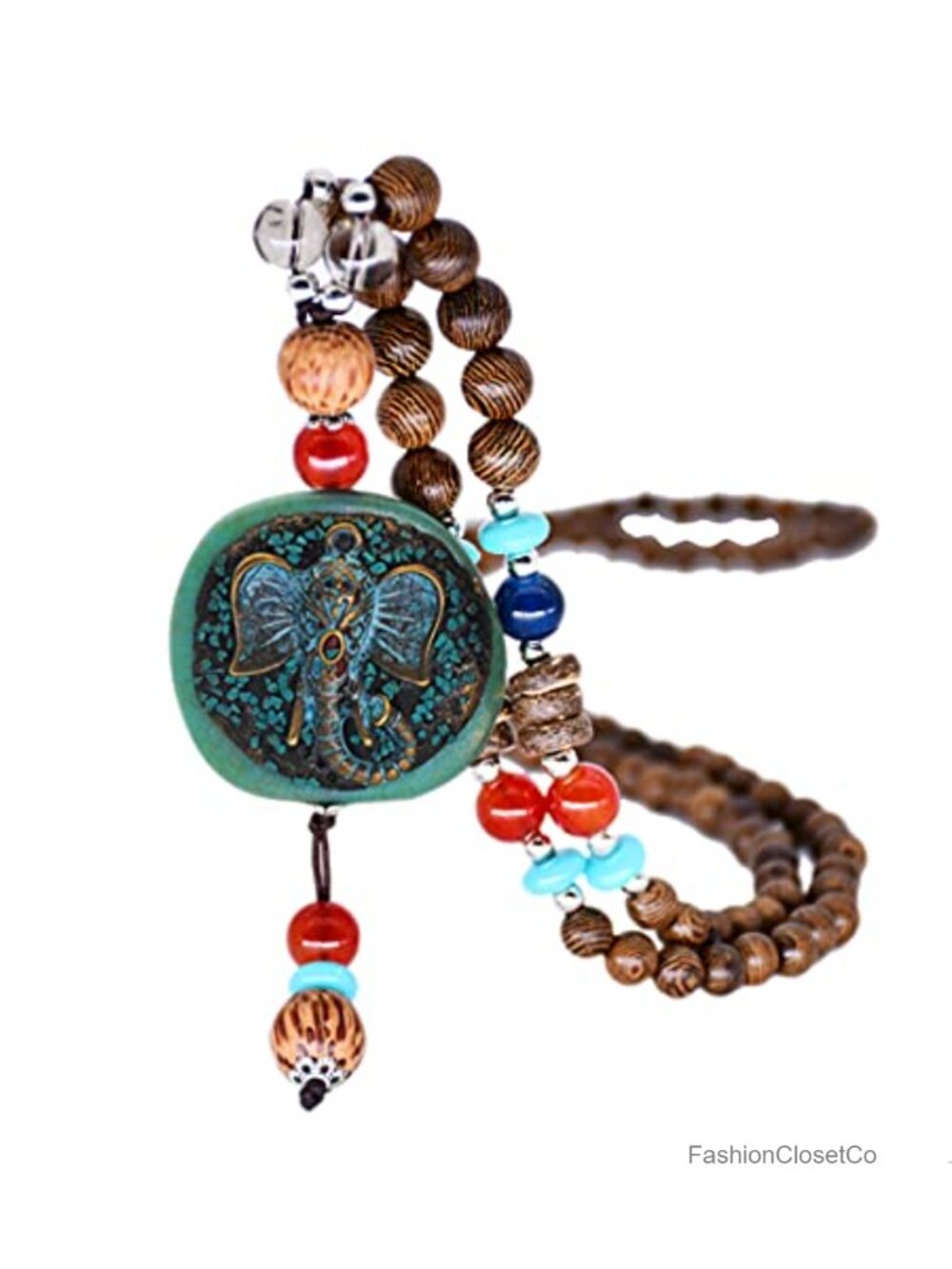 Vintage Long Necklace Handmade Turquoise Wood Beads 30" Chain Pendant for Women